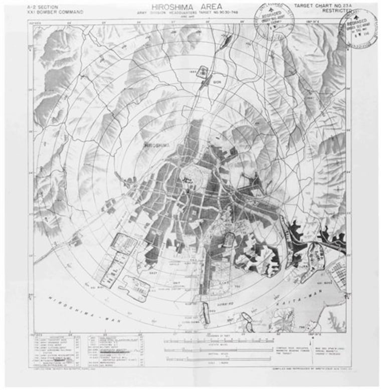 This image provided by the National Archives and Records Administration shows a photocopy of a map created by the Army Air Corps to plan the dropping of an atomic bomb on Hiroshima, Japan, during World War II. A new Government Accountability Office audit says the National Archives has a huge backlog of physical records that need preservation before they are lost and that nearly 80 percent of government agencies are at risk of illegally destroying public records. 